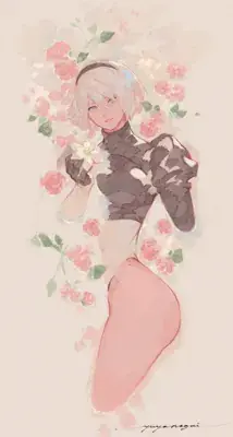 2B from Nier Automata 2B surrounded by delicate roses - digital artwork showing android warrior in signature outfit