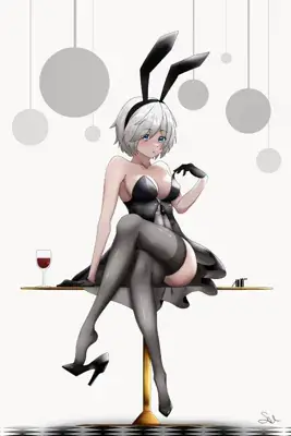 Image of 2B wearing a bunny suit - YoRHa android character art from the video game Nier Automata