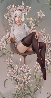 2B from Nier Automata sitting in a chair surrounded by lilies - digital artwork showing android warrior in casual outfit