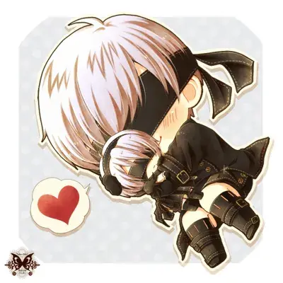 2B from Nier Automata chibi artwork showing android warrior holding a small 2B doll - digital artwork