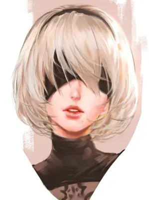 Digital illustration of 2B (YoRHa No.2 Type B) from NieR: Automata, featuring a close-up with blonde hair and a blindfold.