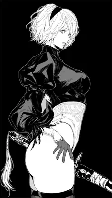 2B from Nier Automata stylized monochromatic portrait - digital artwork showing android warrior in signature outfit