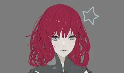 Character portrait artwork featuring stylized red-haired android aesthetic from Nier Automata universe