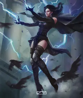 Digital artwork showing a powerful female character conjuring lightning in a dramatic action pose