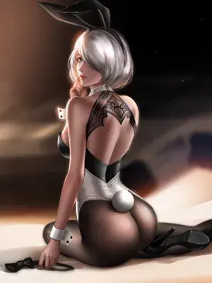 Digital art of 2B from NieR:Automata in a bunny-inspired outfit.