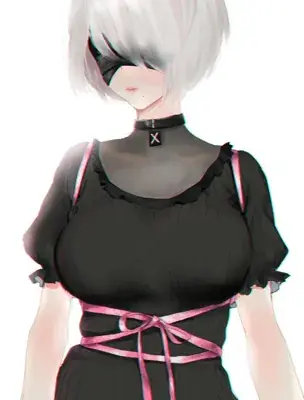 Digital drawing of 2B from NieR:Automata wearing a casual black dress with pink ribbons, featuring her white hair and blindfold.