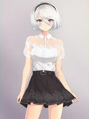 Digital art illustration of 2B with short white hair, wearing a modern casual outfit: a white sheer-sleeved blouse and a black skirt featuring YoRHa-style embroidery.