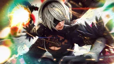 Thumbnail of Character with white hair and black hair, wearing a black outfit, standing in front of a colorful - 