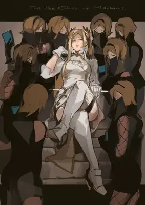 Commander White from Nier Automata sitting surrounded by YoRHa soldiers - digital artwork showing the leader in her signature white uniform