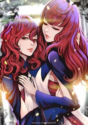 Digital artwork featuring Devola and Popola, the iconic android characters from Nier Automata, in an intimate embrace