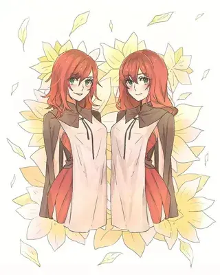 Digital artwork of Devola and Popola, the twin androids from Nier Automata, standing together against a floral background.