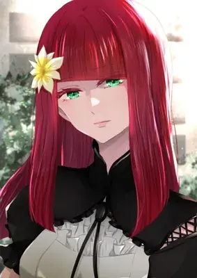 Digital illustration of 2B (YoRHa No.2 Type B) from NieR: Automata with red hair and a yellow flower, wearing a black and white outfit.