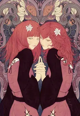 Digital art illustration of the twin androids Devola and Popola from Nier Automata, rendered in an ornate, symmetrical Art Nouveau style.