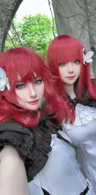Cosplay illustration of Devola and Popola from Nier Automata - digital artwork showing android sisters in signature outfits
