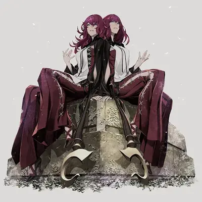 Devola and Popola from Nier Automata, digital artwork showing the twin androids in their signature burgundy outfits and sitting pose.