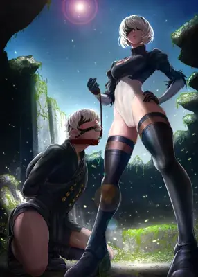 Digital art of NieR: Automata characters 2B and 9S. 2B stands dominantly in a white leotard and boots, holding a leash attached to a bound and gagged 9S kneeling on the ground amidst post-apocalyptic ruins.