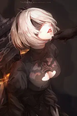 A digital painting of 2B from NieR Automata with her chin being lifted by a gloved hand, featuring her signature black blindfold and white hair against a dark background.
