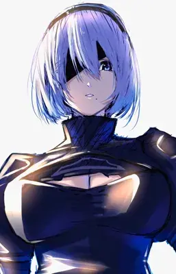 A digital art piece of 2B from NieR: Automata with white hair and a black headband, featuring dramatic lighting and a partially visible blue eye.