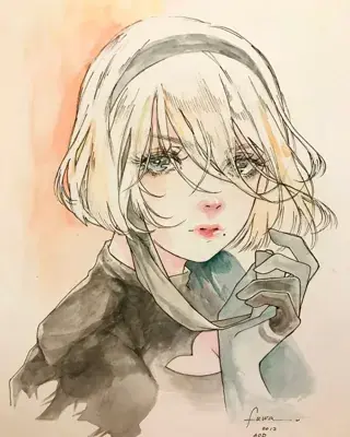 Drawing of a girl with blonde hair and a scarf