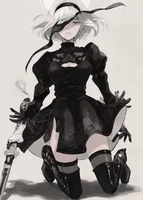 Drawing of a woman in black and white with a sword