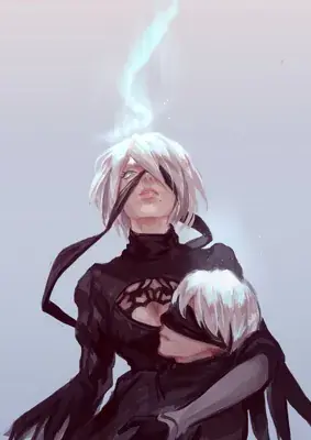 Drawing of a woman with white hair and black clothes
