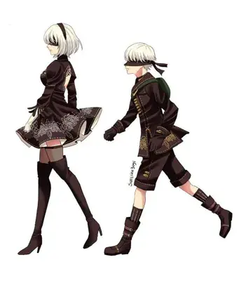 Drawing of two women in black and white outfits