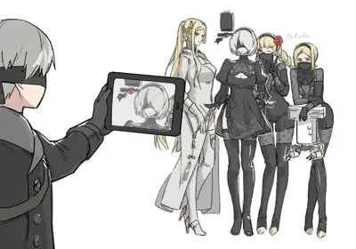 Drawing of two women in black and white outfits, one is holding a tablet and the other is