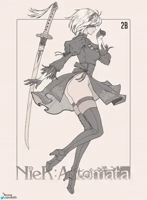 Digital drawing of 2B in a dynamic action pose, featuring her signature black dress, blindfold, and a katana standing beside her, set against a simple beige background. The style is clean line art and monochromatic.