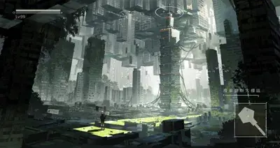 A lone android stands in a desolate, overgrown futuristic city, with inverted skyscrapers and a hazy, sunlit atmosphere. The android wears a blindfold and interacts with a holographic panel.