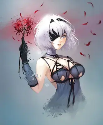 Digital art of NieR:Automata's 2B holding dissolving red spider lilies against a muted blue and gray background.