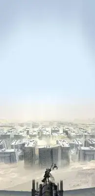An android figure stands on a high vantage point overlooking a vast, sand-covered ruined city with a small pod floating nearby.
