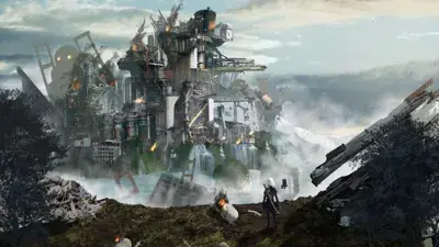 2B stands on a desolate landscape, observing a destroyed industrial facility engulfed in flames and smoke, with waterfalls cascading down its structures.