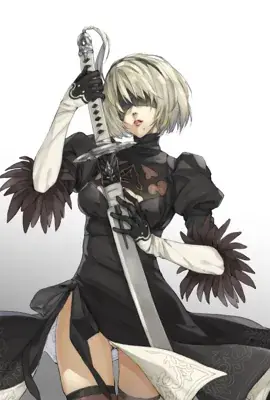 A detailed digital art portrait of 2B from NieR:Automata, wearing her black dress and blindfold, holding a katana upright with both hands, against a white background.
