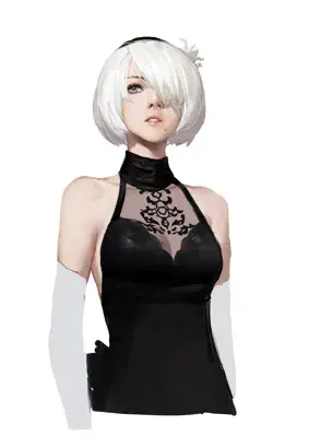 A digital painting of 2B from NieR: Automata wearing a black halter-neck dress and no blindfold, looking up peacefully against a white background.
