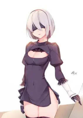 Digital drawing of NieR: Automata's 2B in a short black dress with a chest cutout and side slits, standing against a bright white background.
