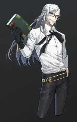 Illustration of a white-haired character in formal attire holding a book.