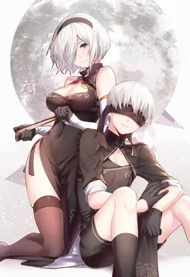Digital art of 2B and 9S from NieR:Automata. 2B wears a black cheongsam and holds a fan, kneeling behind a sitting 9S who wears a matching outfit and blindfold, all against a full moon background.