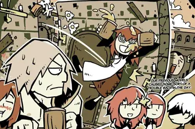 Emil from Nier Automata in a stylized comic panel - digital artwork showing android models and humorous expressions