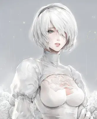 Digital painting of 2B from NieR: Automata wearing a white dress, crying with her blindfold removed against a bright, dreamy background.
