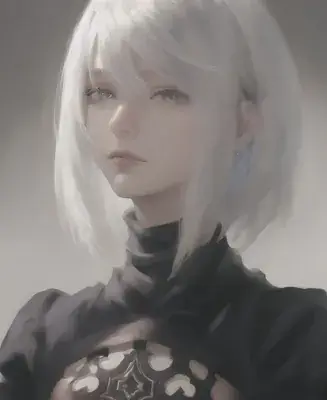 Digital art of a white-haired android character from NieR: Automata, with blue eyes and a dark, ornate outfit.