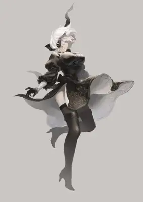 A digital painting of 2B from NieR:Automata in a dynamic, floating pose, wearing her iconic black dress and blindfold against a solid gray background.