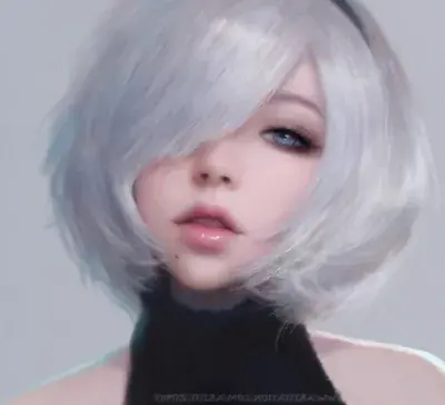 A soft-focus digital art close-up of 2B from NieR: Automata featuring her white bob hair, black headband, and signature beauty mark.