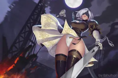 Female character in a black outfit and white hair, holding a sword