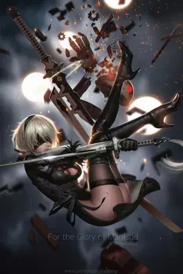 Digital art of 2B from NieR: Automata in a dynamic combat pose with her sword.