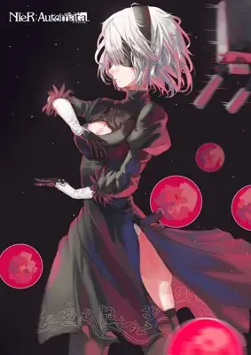 Girl in a black dress with white hair and a red dress