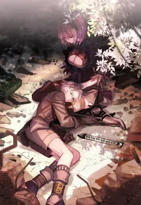 Girl with a sword in her hand and a bunch of flowers behind her