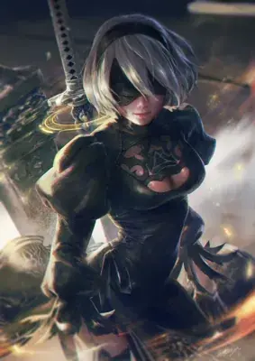 Girl with blonde hair and black clothes holding a sword