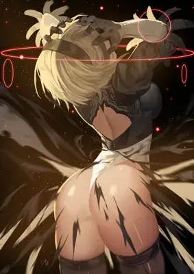 Girl with long blonde hair and a black dress, with red lights on her head