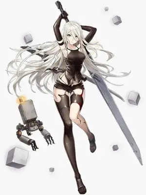 Girl with long white hair and black clothes holding a sword