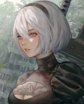 Girl with white hair and a black top holding a gun